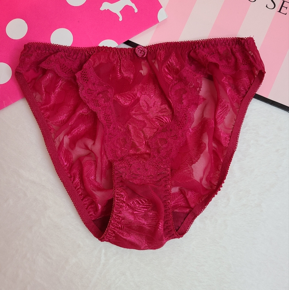 VTG Victoria's Secret Satiny Sheer Chiffon Floral Ruffle Bikini Panty Size Sm